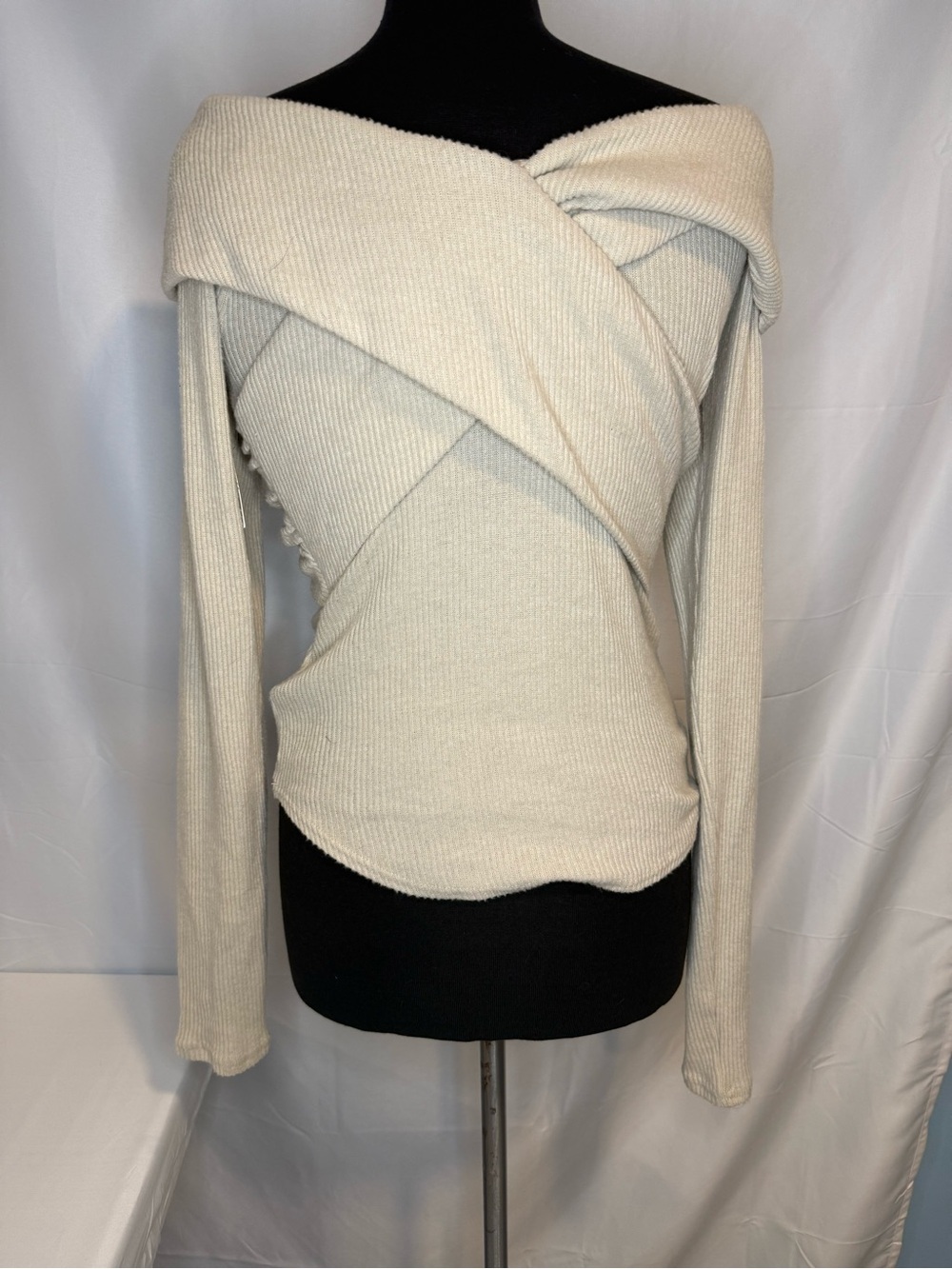 Free People Cream Off-Shoulder Wrap Ribbed Sweater